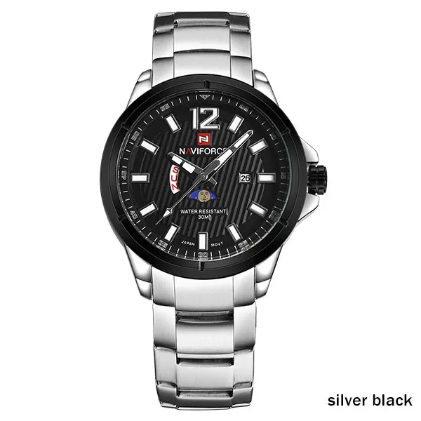 Мужские спортивные часы NAVIFORCE, Мужские кварцевые часы со стальным ремешком, Лидер продаж, брендовые наручные часы для мужчин, 30 м, водонепроницаемые, Relogio Masculino - Цвет: silver black