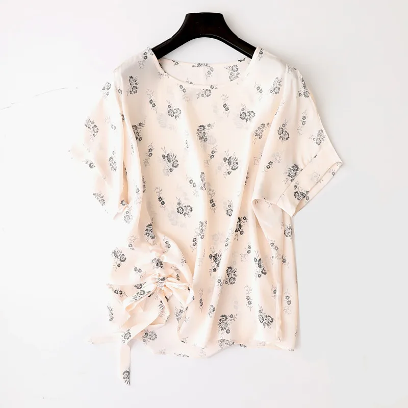

Summer Female Silk Blouse 100% Natural Silk Tops and Blouses Women's O neck short Sleeve Silk Work office print Blusas