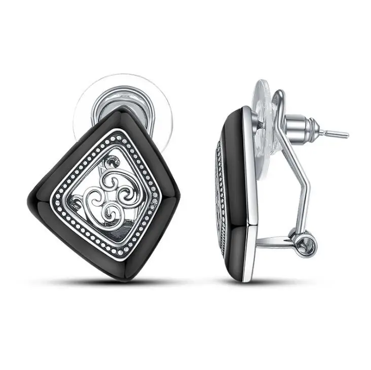 

Top Quality Fashion Creative Folk Custom Black Ceramic Vintage Earrings Silver Color Retro Clip Earrings for Women Brand Jewelry