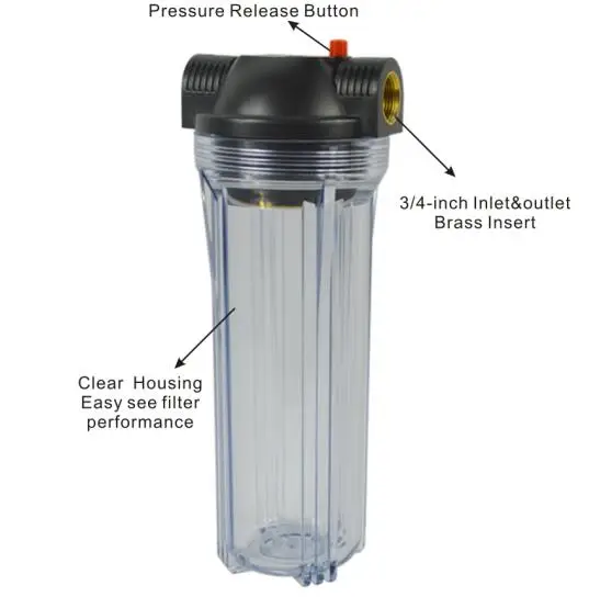 1" прозрачный корпус фильтра для воды 3/4" латунные порты, Прозрачная чаша, удерживайте все 1" x 2,5" Стандартные фильтры для воды, включая гаечный ключ