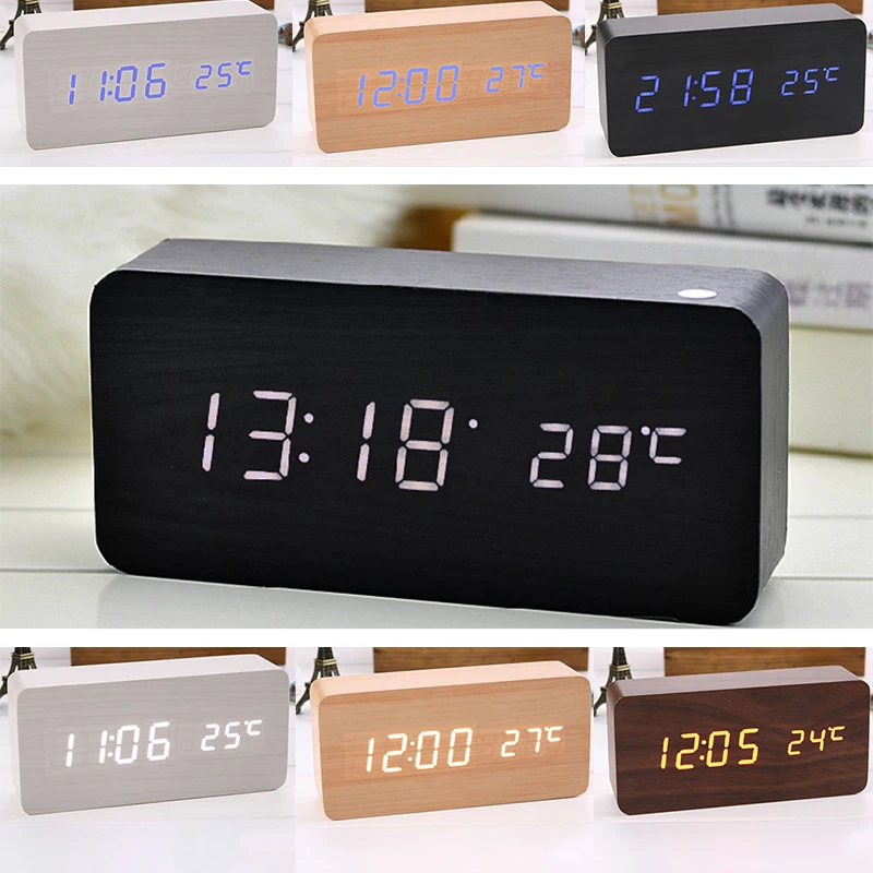 16 Options Wooden LED Alarm Clocks Temperature font b Electronic b font Clock Sounds Control Digital