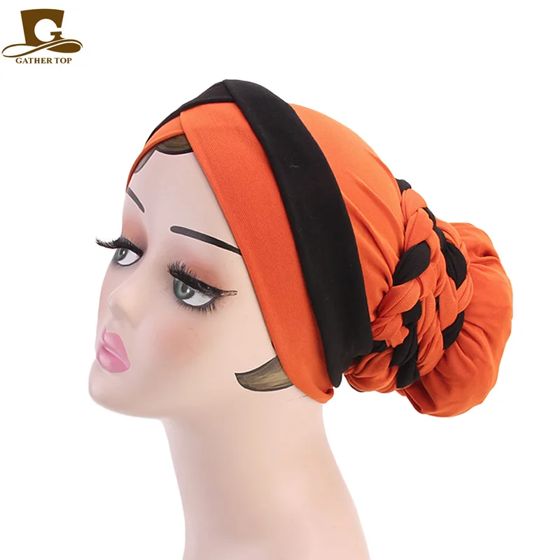 Шарф для женщин-мусульманок шапки модные бисерные косы хиджабы тюрбан шапки голова Кепка шапка бини женские аксессуары для волос для женщин индийская шляпа - Цвет: orange and black