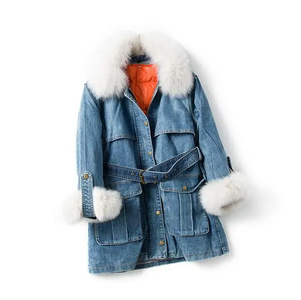 Зимняя куртка с воротником из натурального Лисьего меха, женское длинное джинсовое пальто, куртка-пуховик на 90% белом утином пуху, Толстая теплая длинная пуховая парка, верхняя одежда - Цвет: Синий
