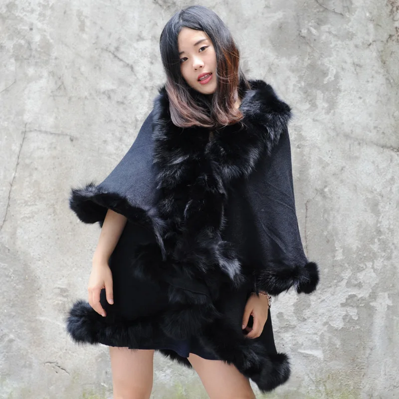 

CX-B-P-45E Fancy Design Luxury Women Cashmere And Fox Fur Trim Cape