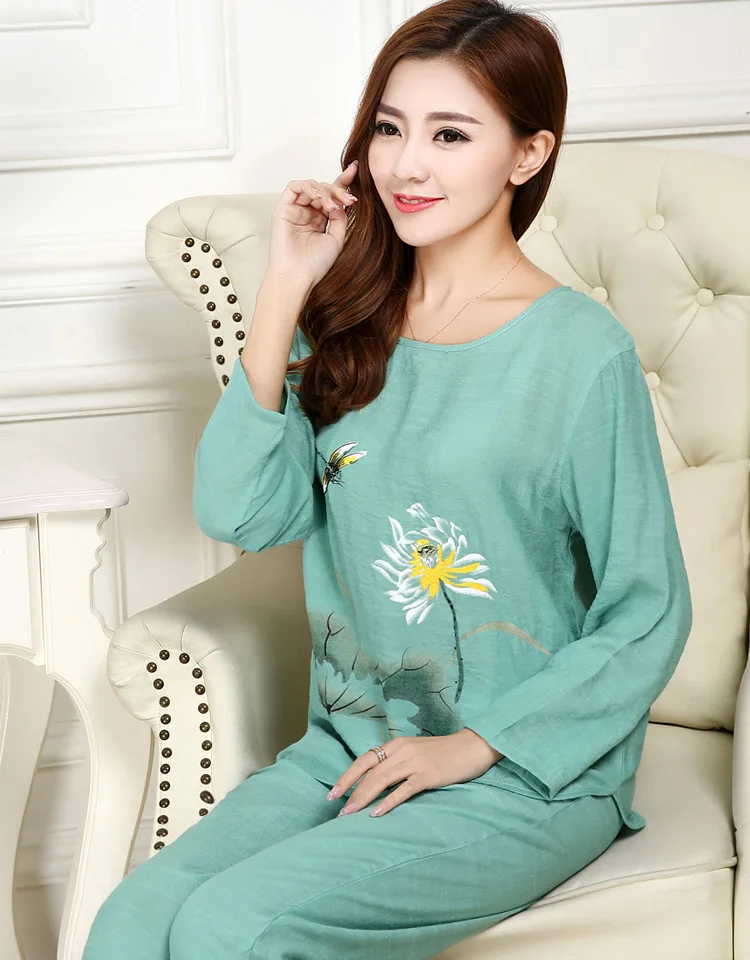 Принт Для женщин хлопковая льняная Пижама комплект Китайский Стиль Пижамный костюм из 2 предметов одежда для сна ночная рубашка с цветочным рисунком M L XL XXL