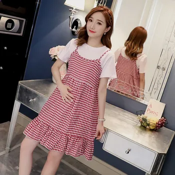 

2019 new maternity dress summer new pregnant women cotton T-shirt plaid straps strap dress suit fashion pregnancy skirt
