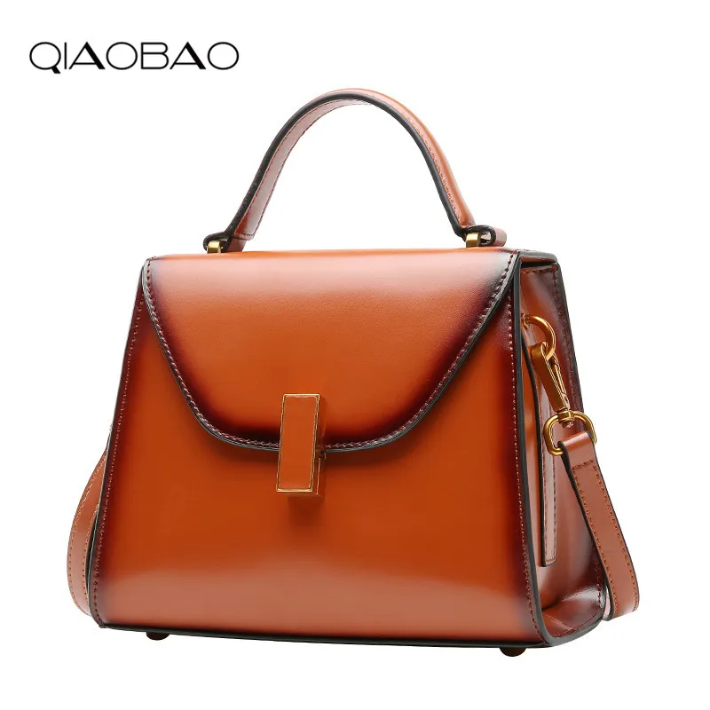 

QIAOBAO Genuine Leather Women Bag Luxury Handbags Female Vintage Lock Bag Button Casual Tote Brand Fashion Design 2018
