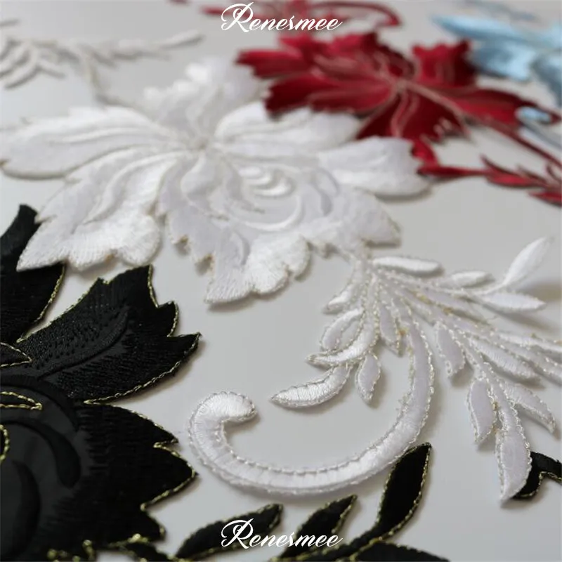 1Pc Long Floral White Black Blue Applique Clothing Embroidery Patch Fabric Sticker Iron On Patch Craft Sewing Repair 42X16cm