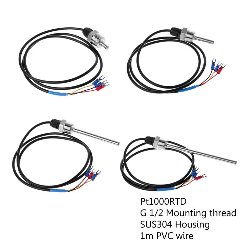 

PT1000 SUS304 Housing Platinum Resistance Temperature Sensor G1/2 Thread Probe DIA=7mm 1m PVC 3-core Wire Stainless Steel XJ8