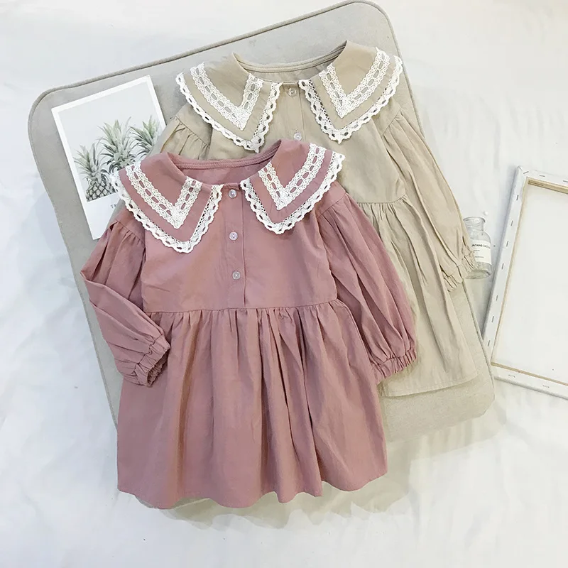 

Girls Dress 100% Cotton Children's Clothes Girls Long Sleeve Solid Dress Spring and Autumn Lace Peter Pan Collar Dress