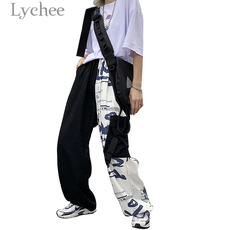 

Lychee Streetwear Graffiti Patchwork Ribbon Female Jogger Pants Hit Color Pocket High Elastic Waist Women Pants Trousers