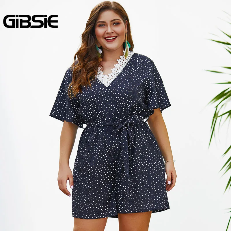 

GIBSIE Boho Dot Print Lace V Neck Backless Rompers Womens Jumpsuit 2019 Summer Women Plus Size High Waist Beach Shorts Playsuit
