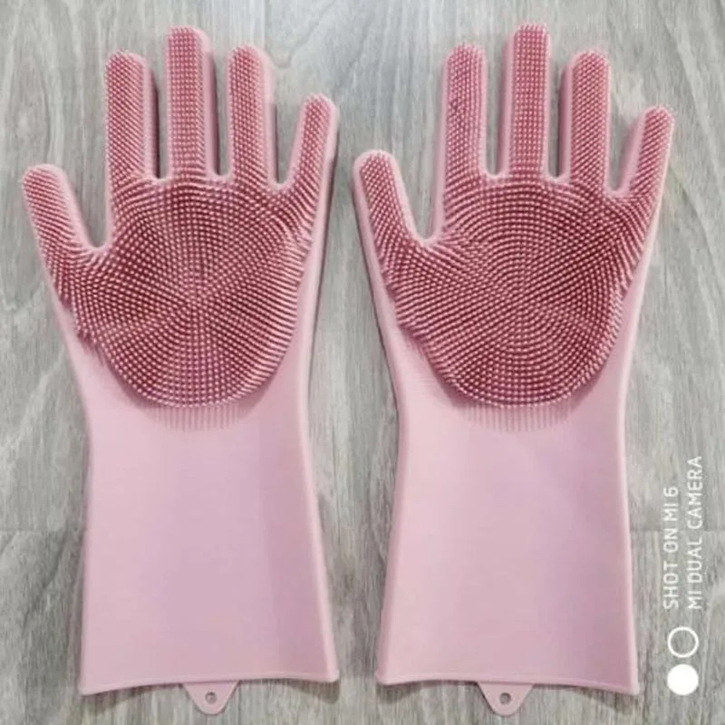 Волшебные силиконовые резиновые перчатки для мытья посуды, экологически чистая щетка для чистки скруббера, для кухни, кровати, ванной, для ухода за волосами - Цвет: One pair Pink