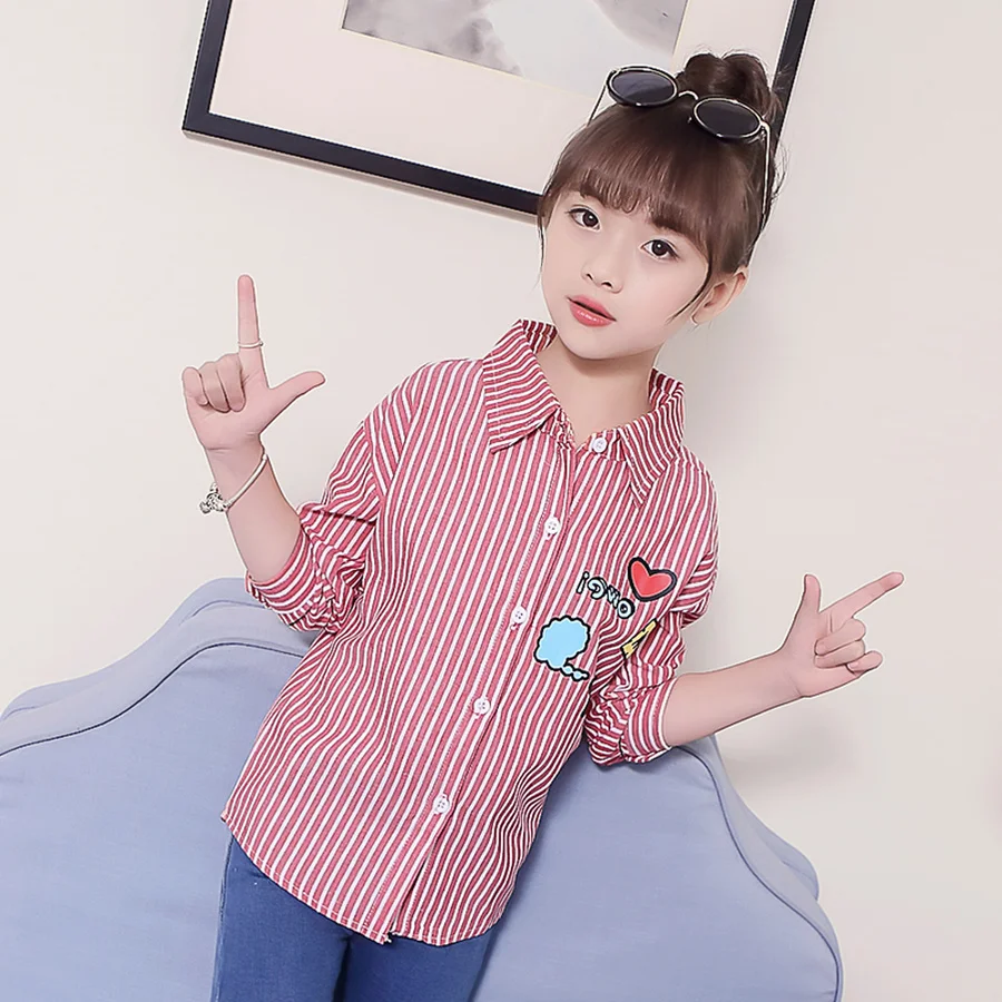 Детские Полосатые блузки для девочек, весенние рубашки с длинными рукавами и сердечками топы для маленьких девочек, детская школьная форма из хлопка для детей от 3 до 12 лет