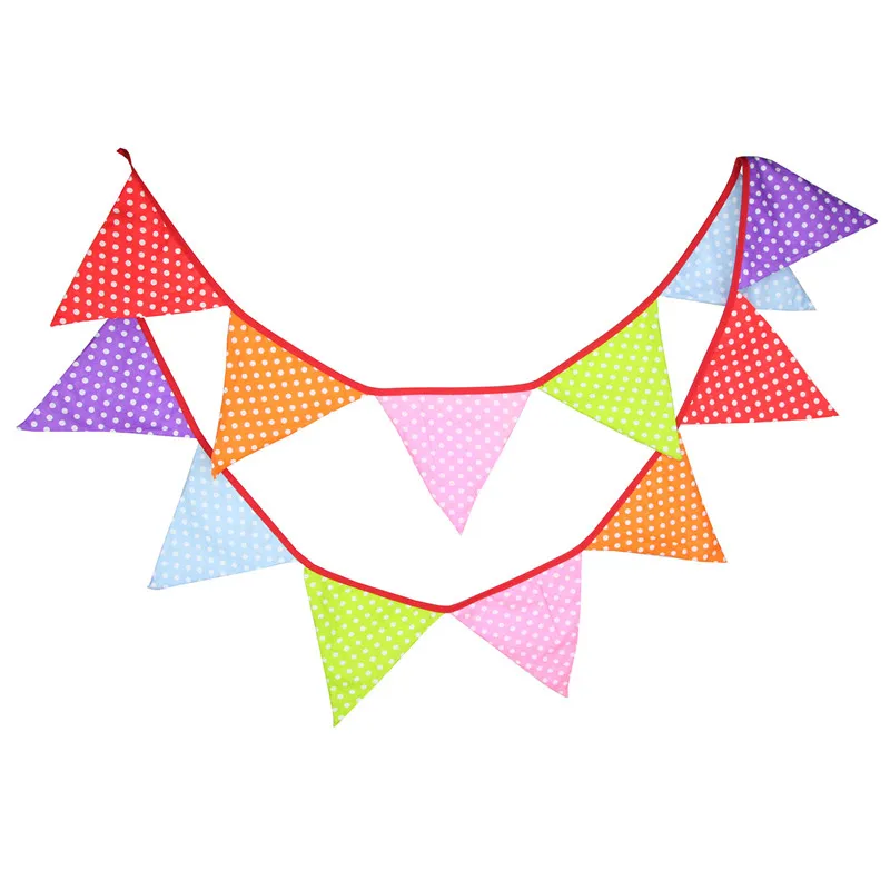 

12 Flags 3.2m Rainbow Color with White Dot Cotton Fabric Bunting Pennant Flag Banner Garland Wedding/Birthday Party Supplies