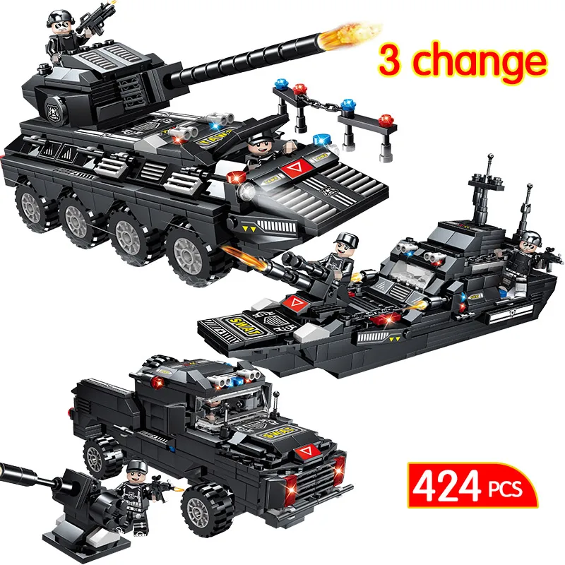 

424pcs 3 Change Cruiser Set Tank CarBlocks Compatible LegoINGLY City Swat Police Commandos Diy Bricks Fun Toys For Children