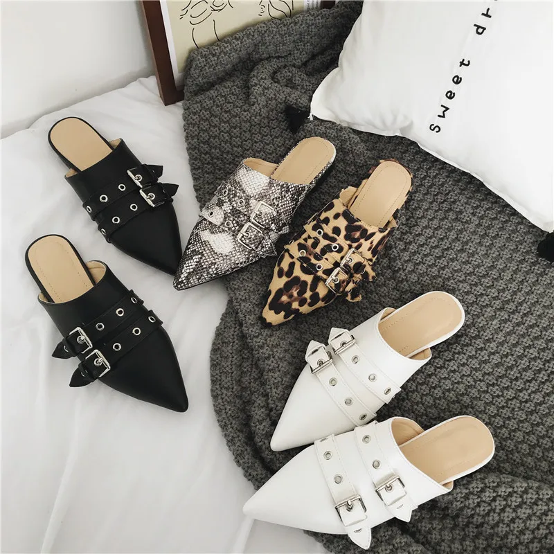 

Brand Woman leopard/snake mules european babouche modern pointy slippers two buckle punk studs slides footwear ladies flip flops