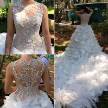 Mermaid Robe De Mariage Vestido de noiva Custom Made 2016 O-neck White Wedding Dresses With Beading Chapel Train Wedding Dress