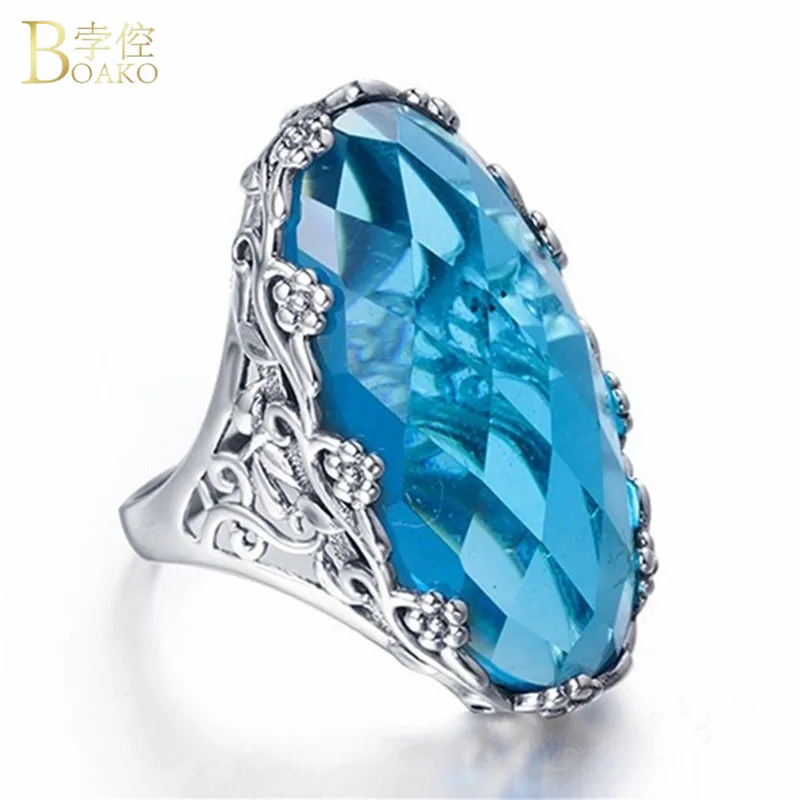 

BOAKO Vintage Blue Crystal Rings for Women Silver Color Bohemian Wedding Engagement Ring Oval Shape Zircon CZ Ring Anillos Mujer