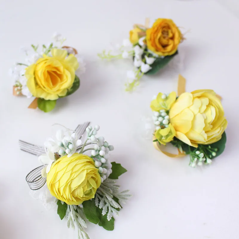 Boutonniere Flowers wedding wrist corsage flowers silk roses yellow  (58)