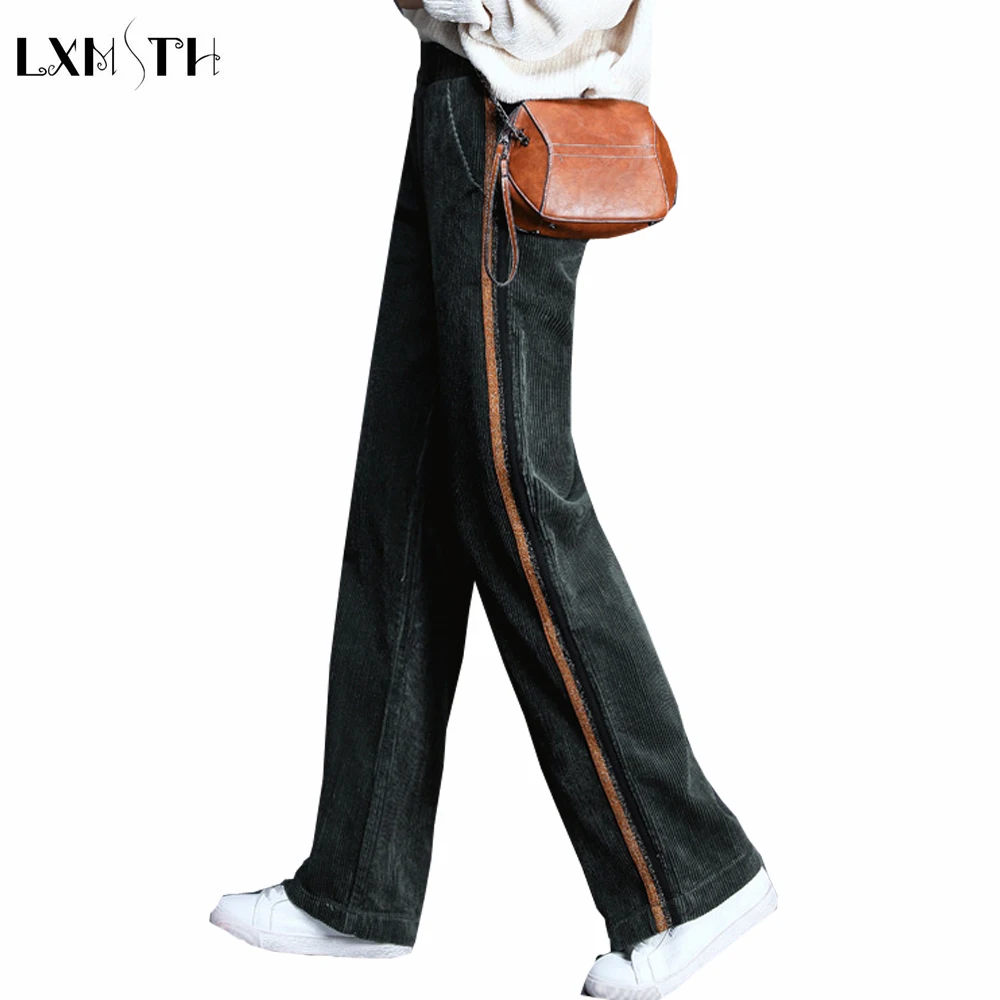High Waisted Green Corduroy Pants Women Autumn Spring Side