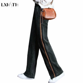 

High Waisted Green Corduroy Pants Women Autumn Spring Side Striped Pants Female Loose Casual Straight Cotton Trousers