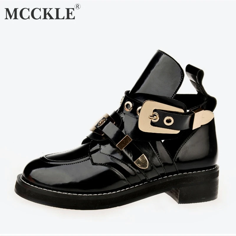

MCCKLE Women Ankle Boots Autumn Low Heels Female Casual Short Boot Fashion Buckle Strap Hollow Short Botas Ladies Chunky Shoes