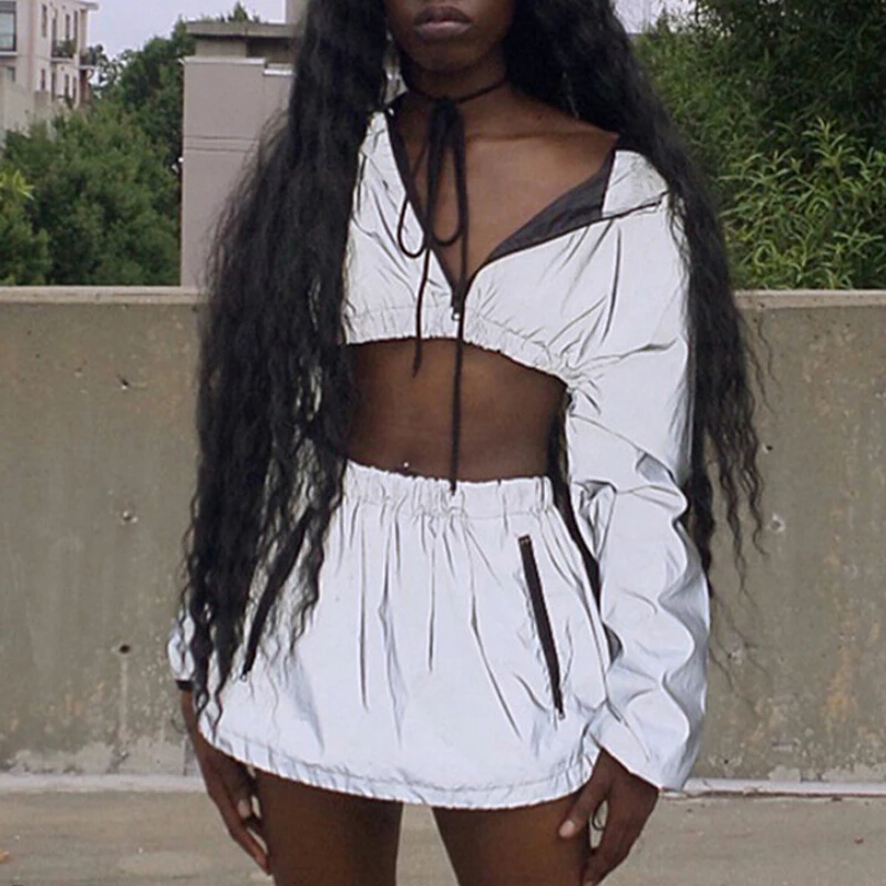 

2Pcs Set Women Reflective Tracksuit Crop Top Long Sleeve Hooded Top Short Skirt Bodycon Sport Gym Zipper Women Two Piece Set