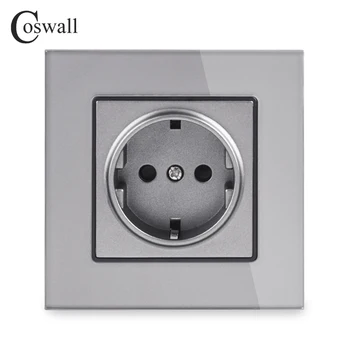 

Coswall Crystal Glass Panel Wall Power Socket Grounded 16A EU Standard Outlet With Children Protective Door Gray Grey Color