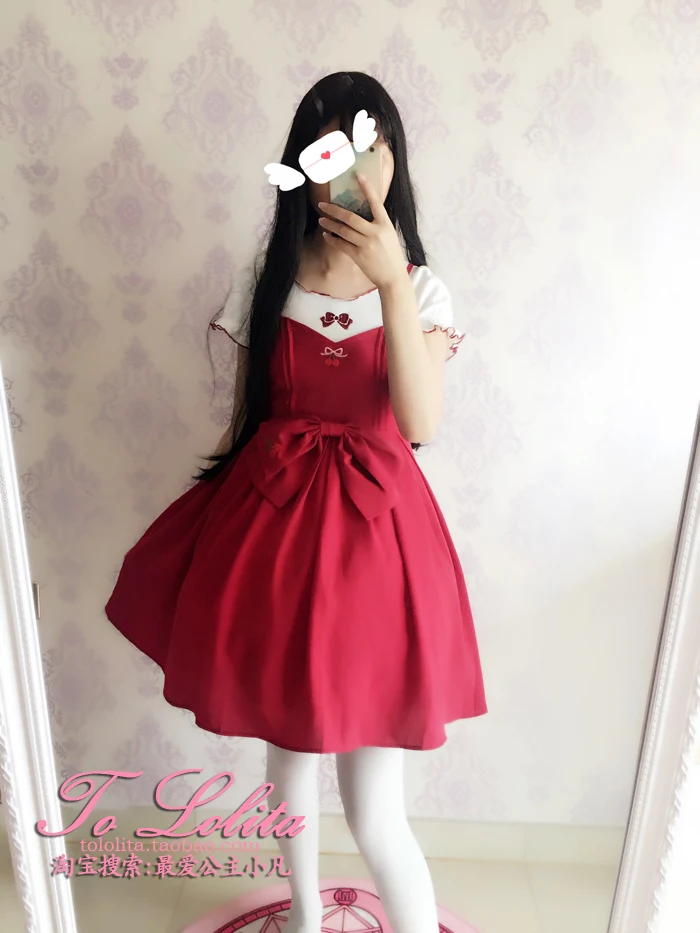 

Japanese sweet lolita dress big bowknot cherry embroidery high waist victorian dress kawaii girl gothic lolita jsk loli cos