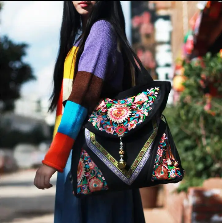 

HOT SALES Bohemia embroidered Trapeze bags Ethnic handmade beaded bells lagre size women Shoulder bags