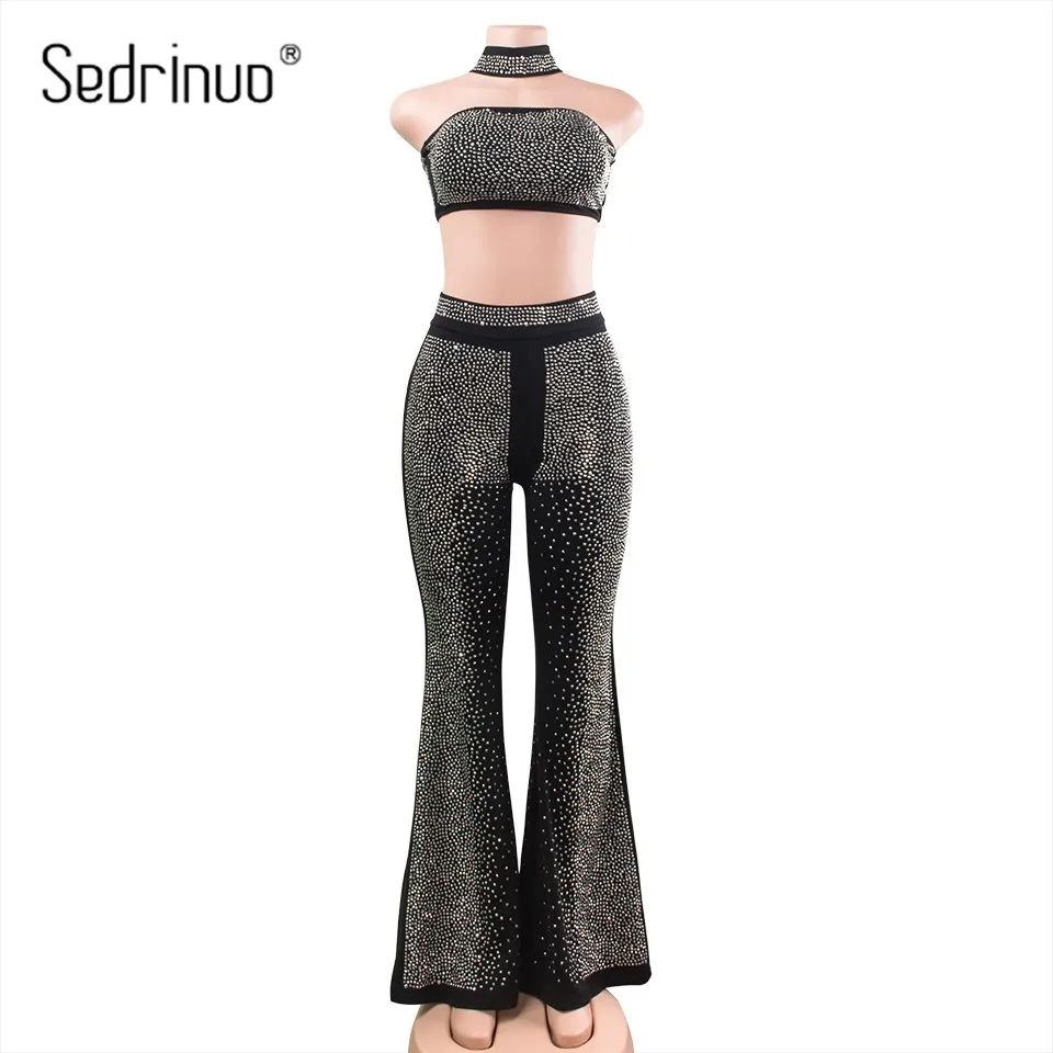 Sedrinuo Fashion Sexy 2 Pieces Set Strapless Choker Rompers Jumpsuit Rhinestone Skinny Bodycon Crop Tops & Loose Pants Jumpsuits Jumpsuits and Playsuits