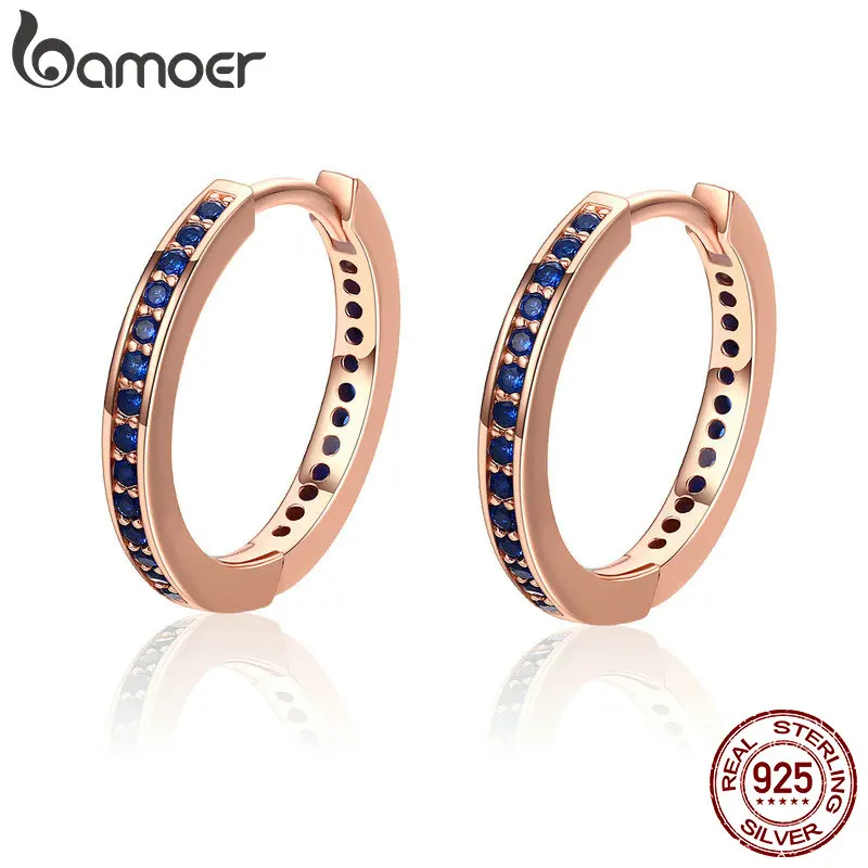 

BAMOER 100% Authentic 925 Sterling Silver Blue CZ Simple Gold Color Female Hoop Earrings for Women Fashion Jewelry Gift PAS531