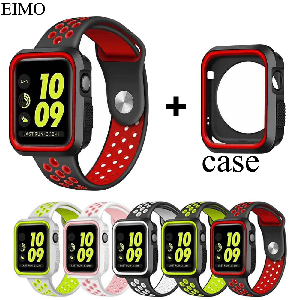 

EIMO Silicone Watch Strap+Case for Apple Watch Band 42mm 38mm Replacement Band+full protector Shell for iwatch 3/2/1 Accessories