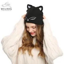 WELROG Skullies Gorros Новинка года осень кошачьи уши женские шапочки шапки для Весна Зима Трикотажные черный печатных повседневное шапки