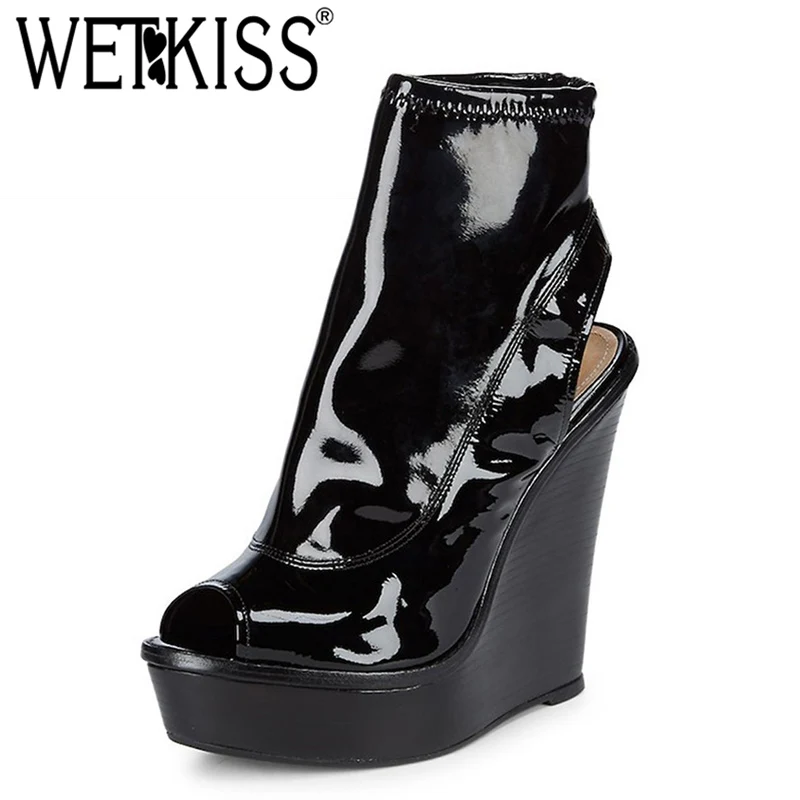 

WETKISS New Summer High Heels Women Boots Peep Toe Slingback Footwear Fashion Platform Ankle Boots Wedges High Neck Female Shoes