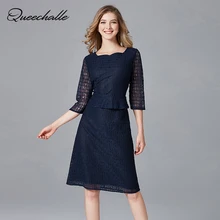 Queechalle, новинка, осеннее платье, офисное, женское, с вырезом, рукав 3/4, тонкое, элегантное, кружевное платье, 5XL, женское платье большого размера, темно-синее