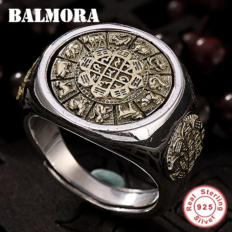 

BALMORA 925 Sterling Silver Six Word's Mantra Buddhistic Animal Open Rings for Men Party Ring Fashion Jewelry Anillos JWR3016
