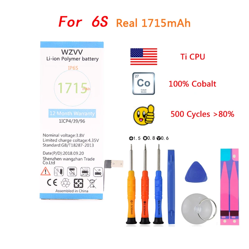 

wzvv 100% Original Battery For iphone 6S Real Capacity 1715mAh work with IOS 11.4/12 With Repair Tools Kit And Battery Sticker