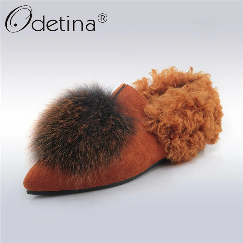 

Odetina 2018 New Women Autumn Winter Flat Shoes Real Fox Fur Pointed Toe Flats Slip on Loafers Elegant Footwear Big Size 31-45