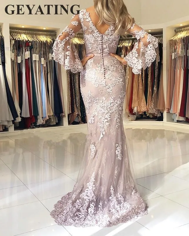 2019 Elegant Lace Mermaid Arabic Evening Dress Long Sleeves V-Neck Hunter Green Burgundy Royal Blue Silver Formal Prom Dresses