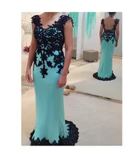 2016 Meerjungfrau V-ausschnitt Ärmellose Sweep Zug Abendkleid Mit Schwarz Appliques Blau Chiffon Abendkleid Homecoming Kleider