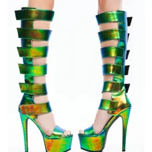 Г. Летняя женская зеленый длинные сандалии сапоги мульти hook& loop Дизайн на платформе женские гладиаторские ботильоны вечерние клуб модель show