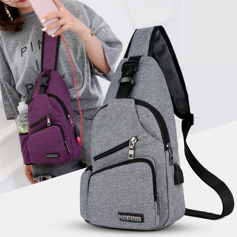 

10 Colors Chest Bag Men Women With Side Bottle Pocket Canvas Sling Bag Shoulder USB Charge Interface Satchel Large Crossbody Bag