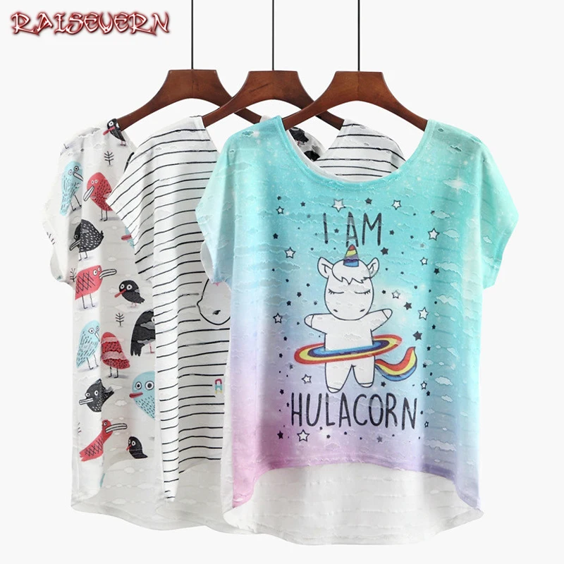 RAISEVERN Summer Unicorn T-shirt Women Asymmetric Tshirt Short Sleeve Casual Top Fashion Sika Deer&Birds Cartoon Print Tee shirt RAISEVERN Summer Unicorn T-shirt Women Asymmetric Tshirt Short Sleeve Casual Top Fashion Sika Deer&Birds Cartoon Print Tee shirt