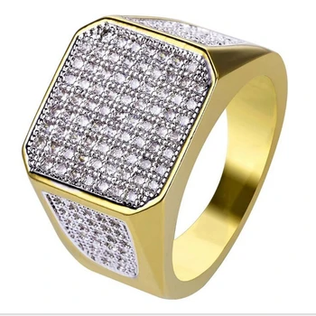 

Good Quality New Fashion Gold Color Plated Micro Pave Cubic Zircon Round Ring Full Iced Out Bling Hip Hop Rock Jewelry For Male
