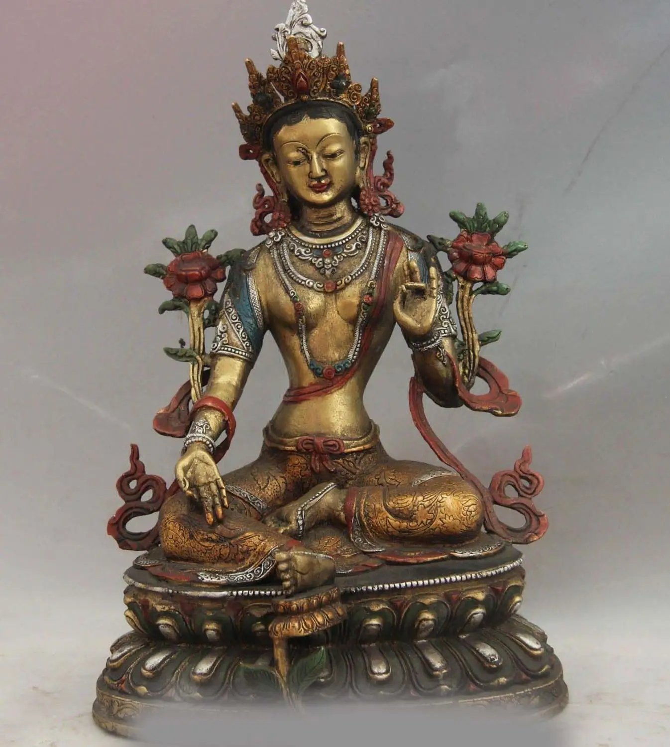 

Tibet Temple Copper Bronze Color Painted Green Tara Bodhisattva Kwan-yin Statue