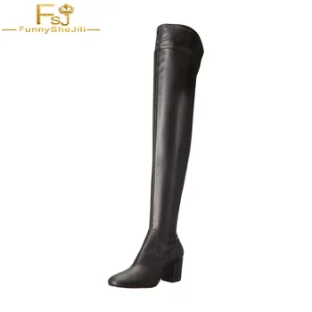 

FSJ Handmade Black Letaher Winter 2018 Warm High Square Heels Over Knee High Boots Round Toes Shoes Casual Booties Plus Size