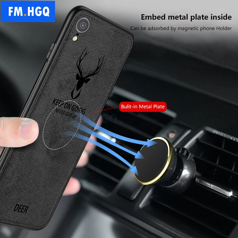 

FM.HGQ Hot Cloth Texture Deer 3D Soft TPU Magnetic Car Case For Apple iPhone XR Built-in Magnet Plate Case For iPhone XR Cover