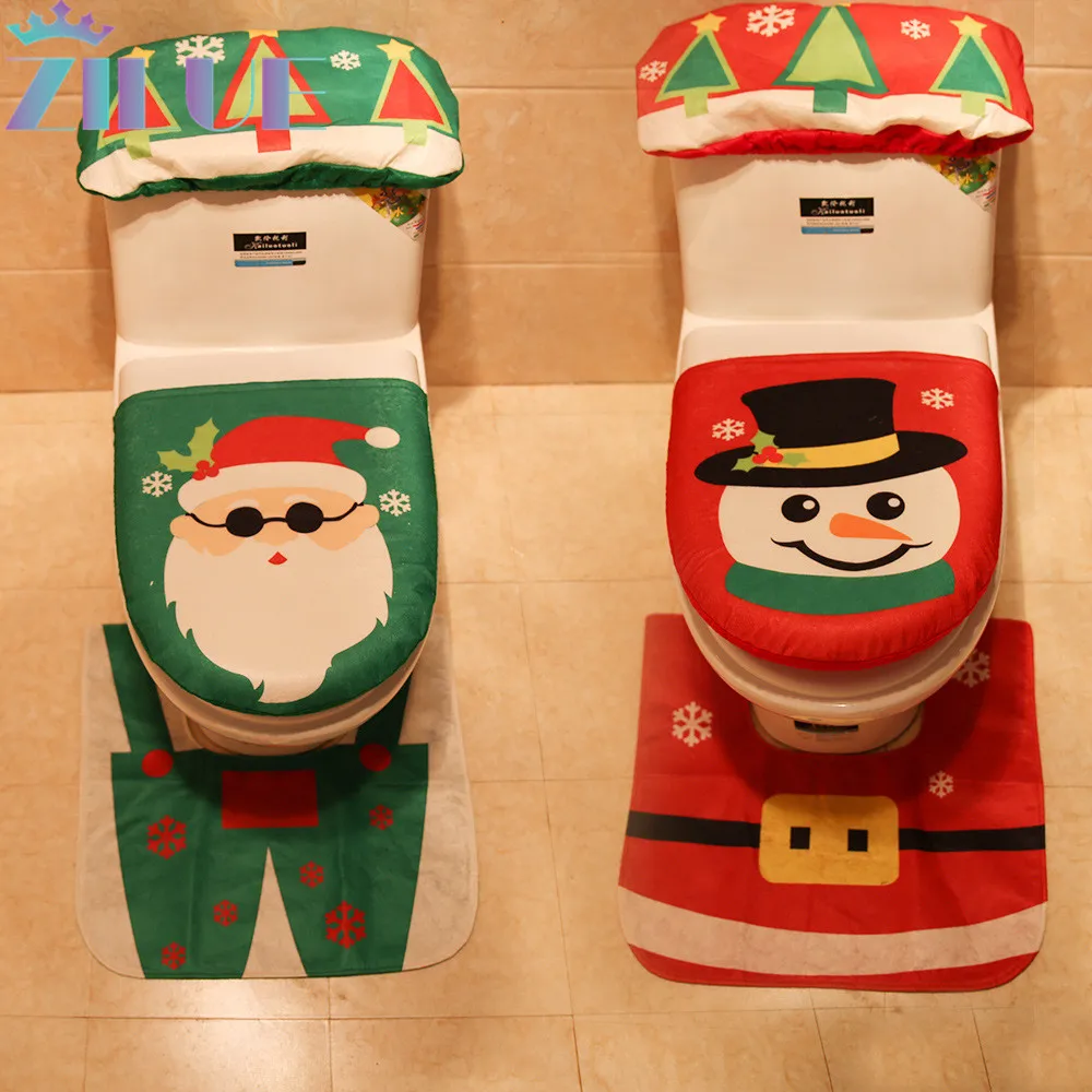 Zilue 1setLot New Santa Claus Toilet Set Three-piece Christmas Creative Pretty Red Green Toilet Set Christmas Home Decorations